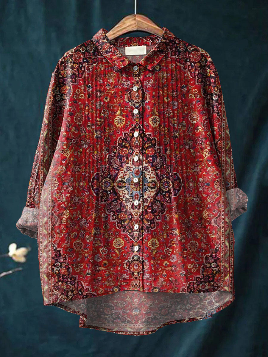 Women's Vintage Floral Pattern Art Print Casual Cotton And Linen Ruffle Shirt