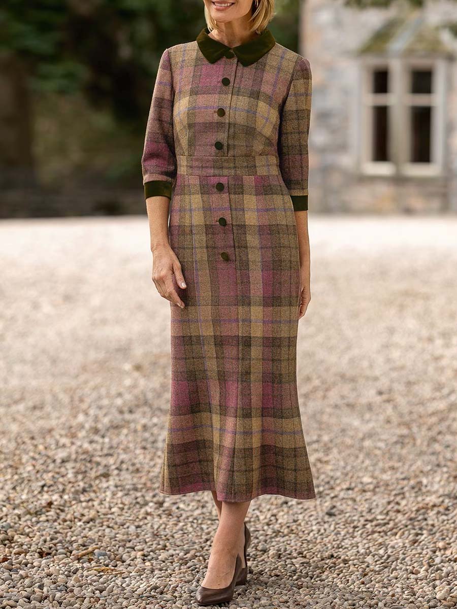 Women's Plaid Print Peter Pan Collar 3/4 Sleeve Casual Fit Fall/Winter Dress