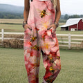 Women's Lovely Bees Floral Art Print Casual 100% Cotton Wide Leg Jumpsuit