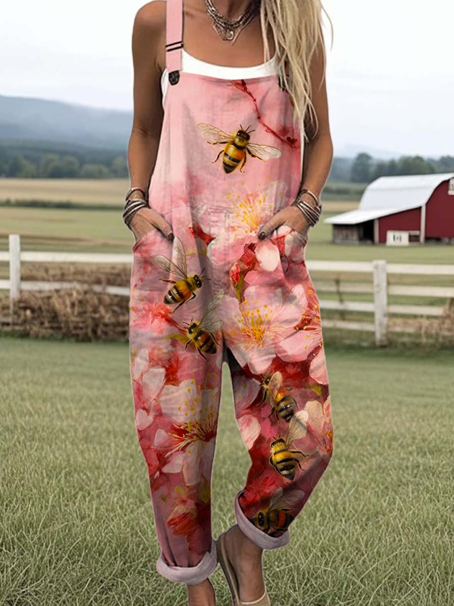 Women's Lovely Bees Floral Art Print Casual 100% Cotton Wide Leg Jumpsuit