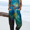 Women's Vintage Abstract Waterfall Painting Art Print Casual 100% Cotton Wide Leg Jumpsuit