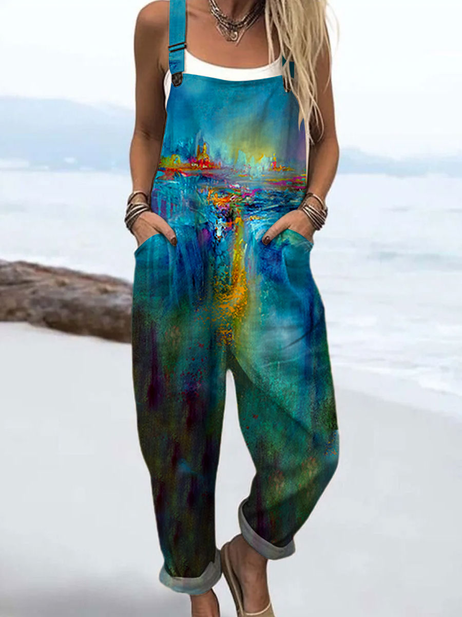 Women's Vintage Abstract Waterfall Painting Art Print Casual 100% Cotton Wide Leg Jumpsuit