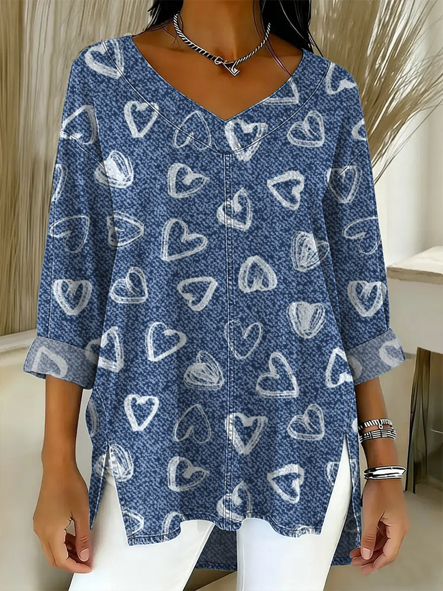 Women's Valentine's Day Heart-shaped Art Print Casual Washed Denim Cotton Top