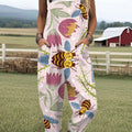 Women's  Bee Flower Art Print Casual 100% Cotton Wide Leg Jumpsuit