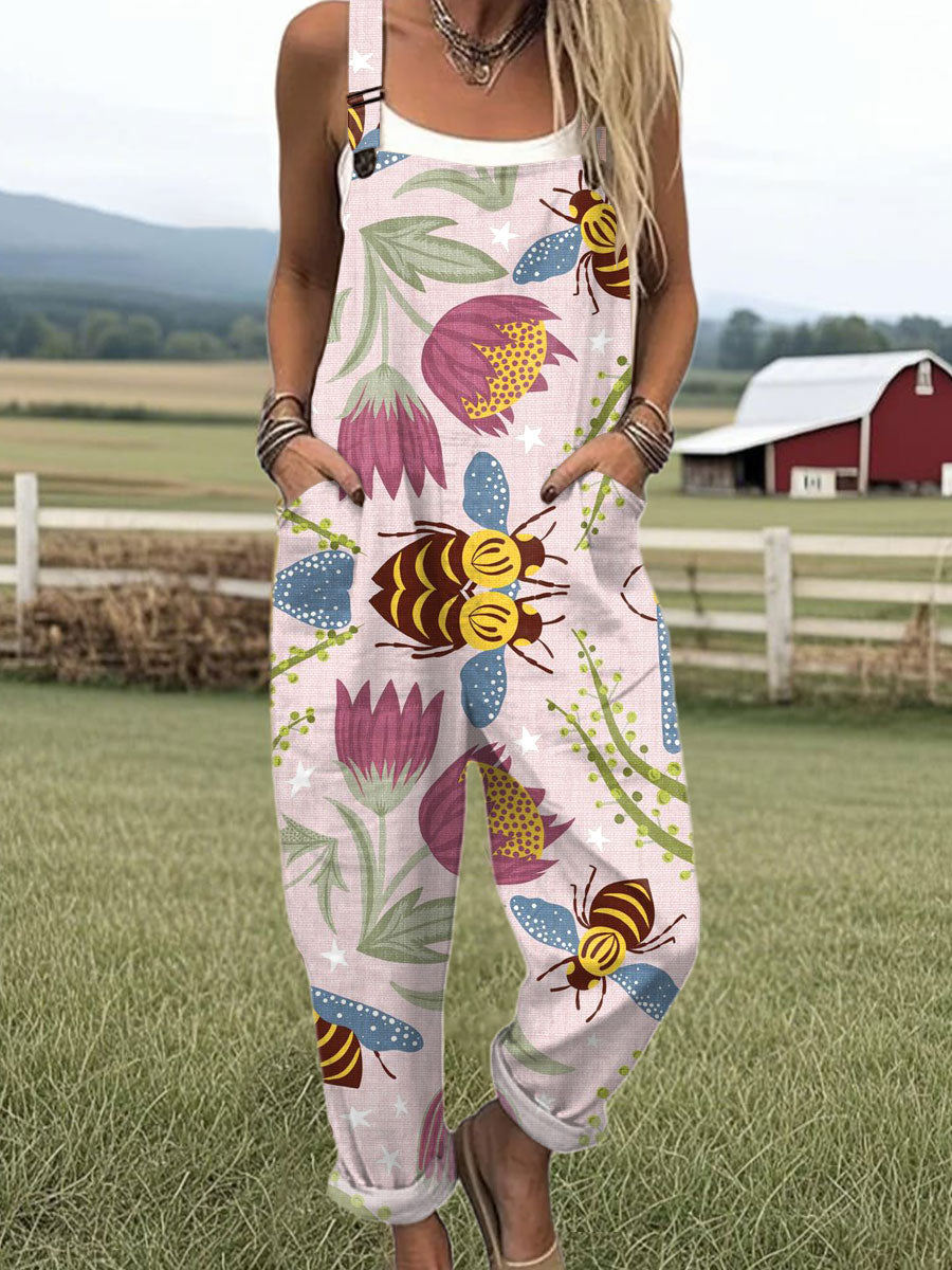 Women's  Bee Flower Art Print Casual 100% Cotton Wide Leg Jumpsuit