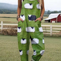 Women's Lovely Sheep Art Print Casual 100% Cotton Wide Leg Jumpsuit