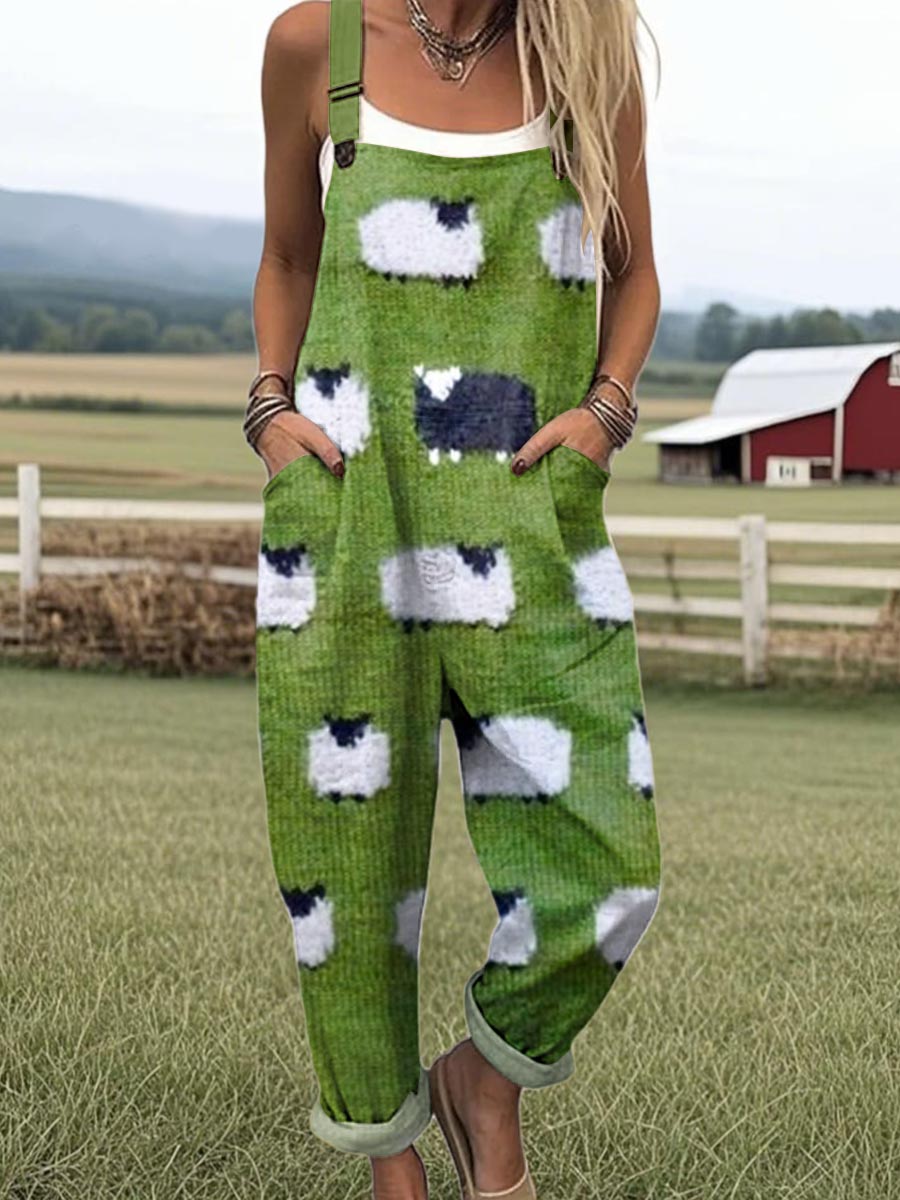 Women's Lovely Sheep Art Print Casual 100% Cotton Wide Leg Jumpsuit