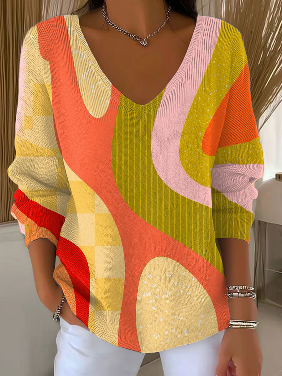 Women's Vintage Abstract Geometry Art Print Casual Pullover Sweater