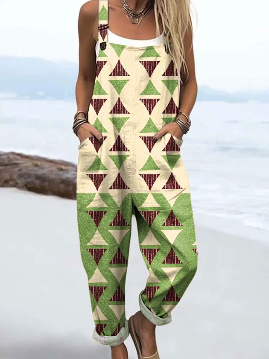 Women's Colorful Abstract Geometric Triangle Art Print Casual 100% Cotton Wide Leg Jumpsuit
