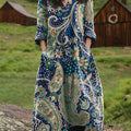 Robe en coton à imprimé floral vintage pour femme, col en V et poches 