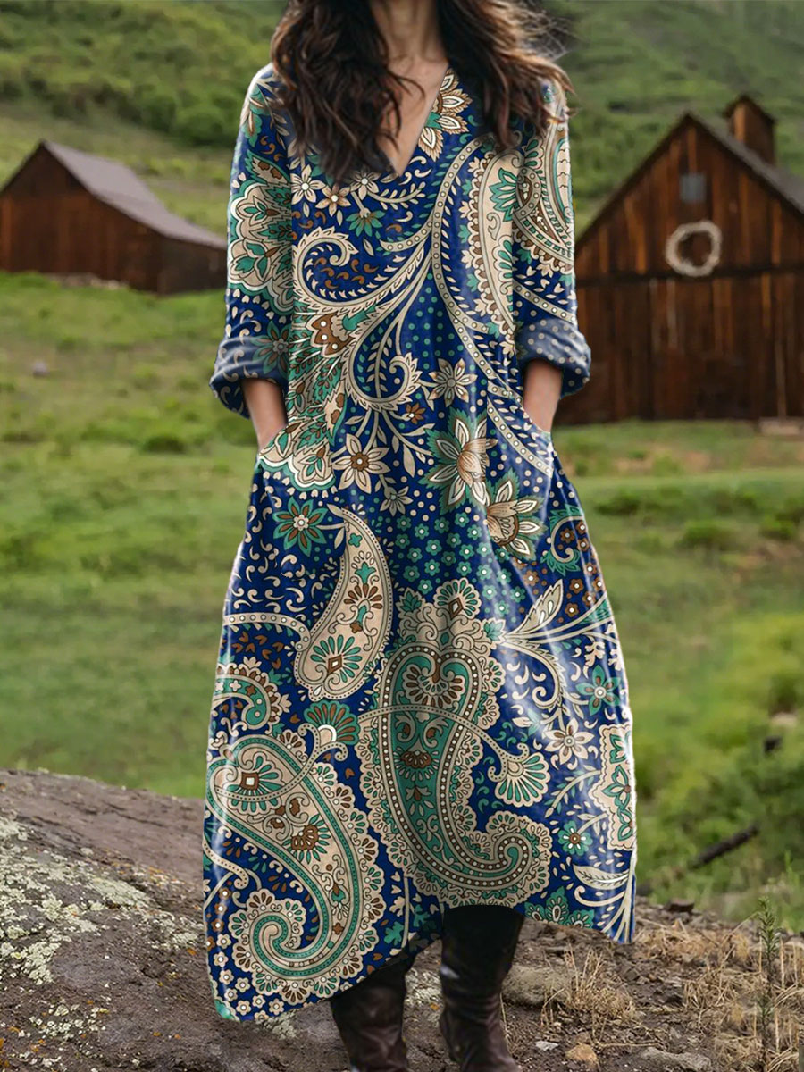 Women's Vintage Floral Art Print Pocket V-neck Cotton Dress