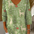 Women's Christmas Graphic Print V-Neck 3/4 Sleeve Casual Loose Pullover Sweater