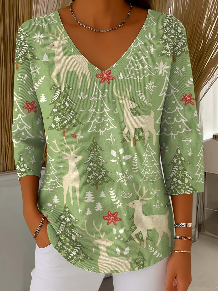 Women's Christmas Graphic Print V-Neck 3/4 Sleeve Casual Loose Pullover Sweater