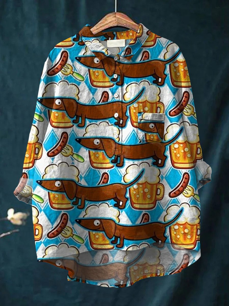 Women's Dachshund Art Print Casual Cotton And Linen Shirt
