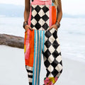 Women's Vintage Abstract Geometric Line Art Print Casual 100% Cotton Wide Leg Jumpsuit