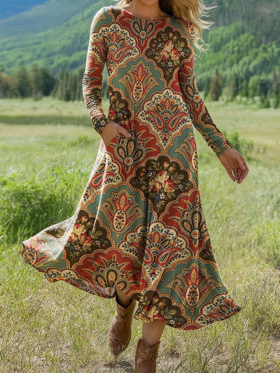 Women's Retro Flower Pattern Art Print Long-sleeved Dress