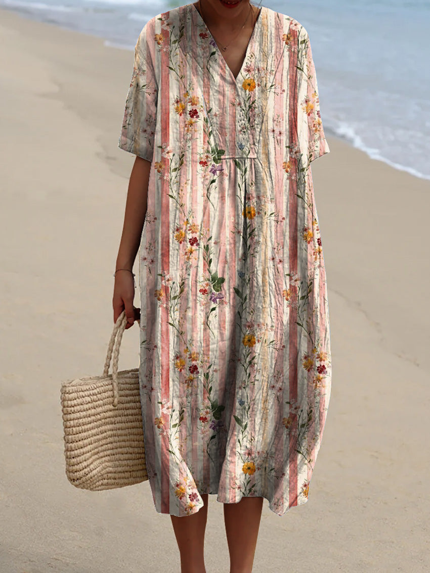 Watercolor Plum Blossom Floral Pattern Printed Women's Flowy Dress