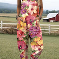 Women's Lovely Floral Art Print Casual 100% Cotton Wide Leg Jumpsuit