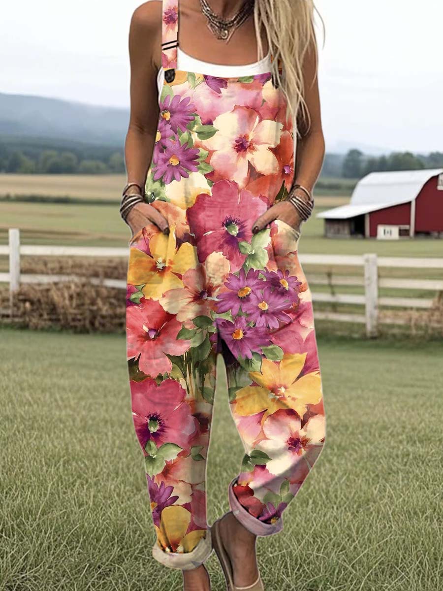Women's Lovely Floral Art Print Casual 100% Cotton Wide Leg Jumpsuit
