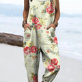 Women's Lovely Floral Art Print Casual 100% Cotton Wide Leg Jumpsuit