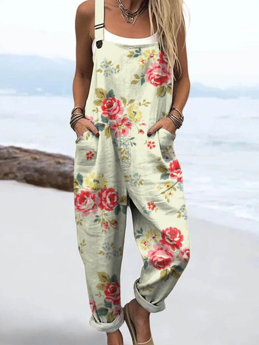 Women's Lovely Floral Art Print Casual 100% Cotton Wide Leg Jumpsuit