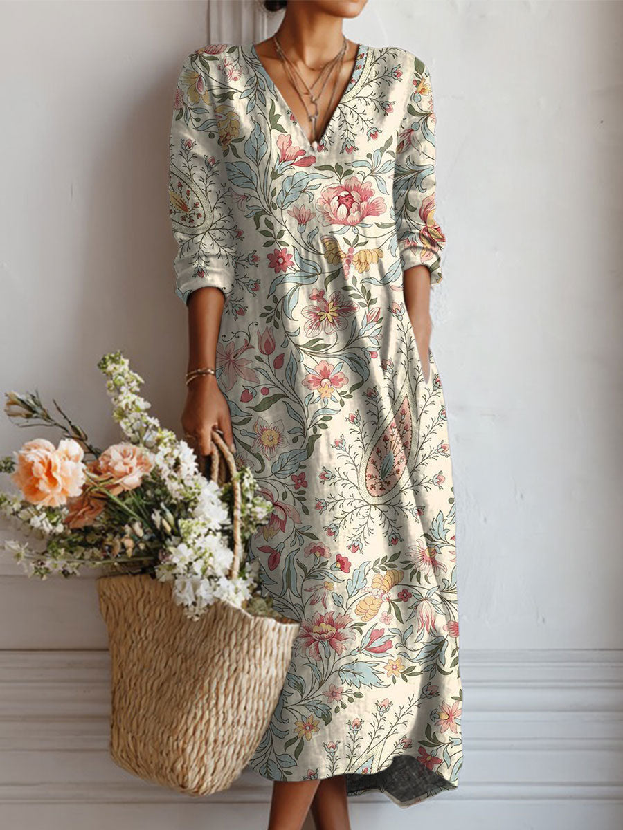 Women's Vintage Flower Art Print Linen Pocket Tunic Dress