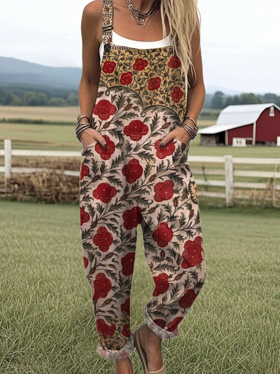 Women's Vintage Flower Art Print Casual 100% Cotton Wide Leg Jumpsuit