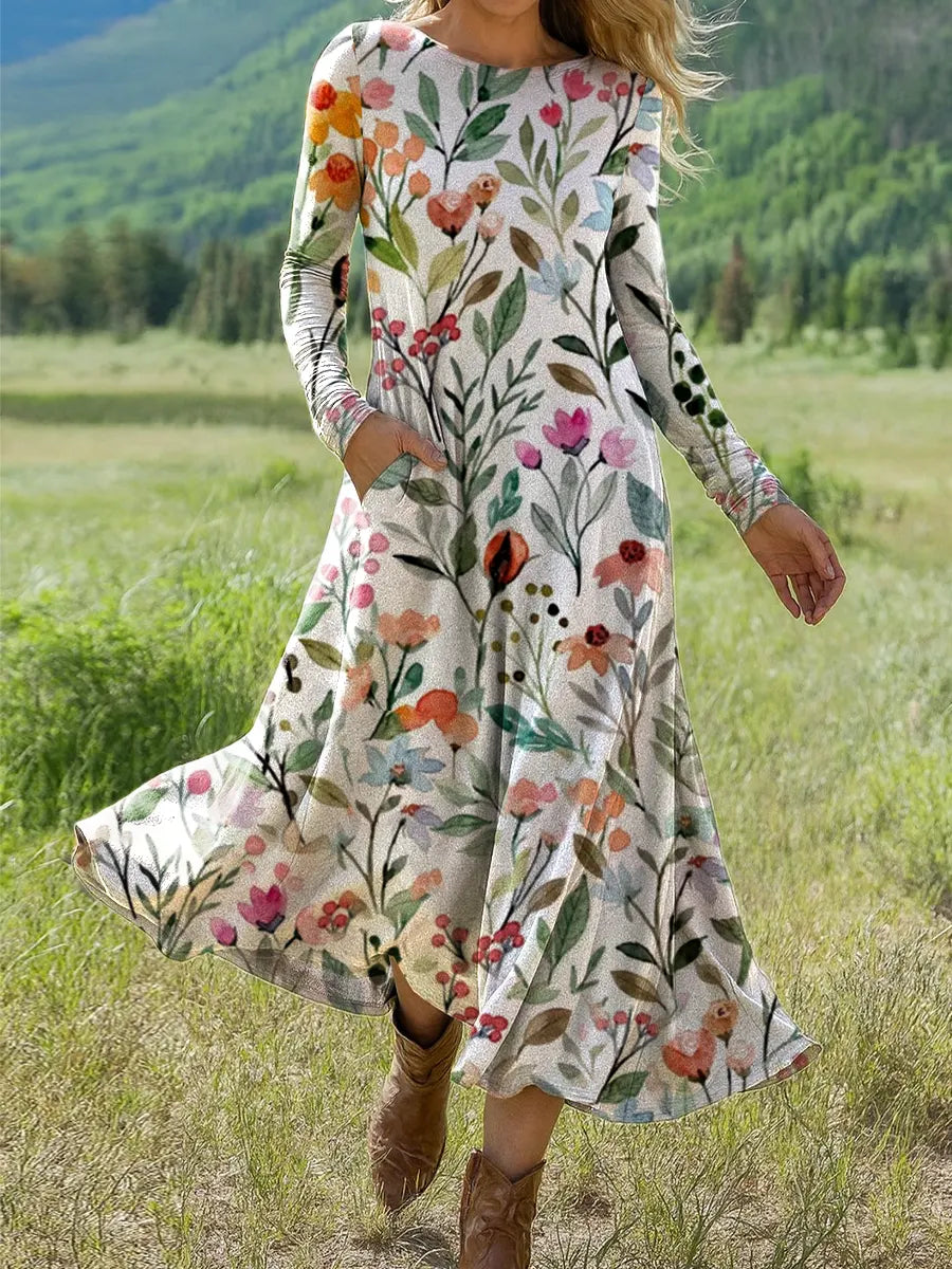 Women's Vintage  Flower Art Print Long-sleeved Dress