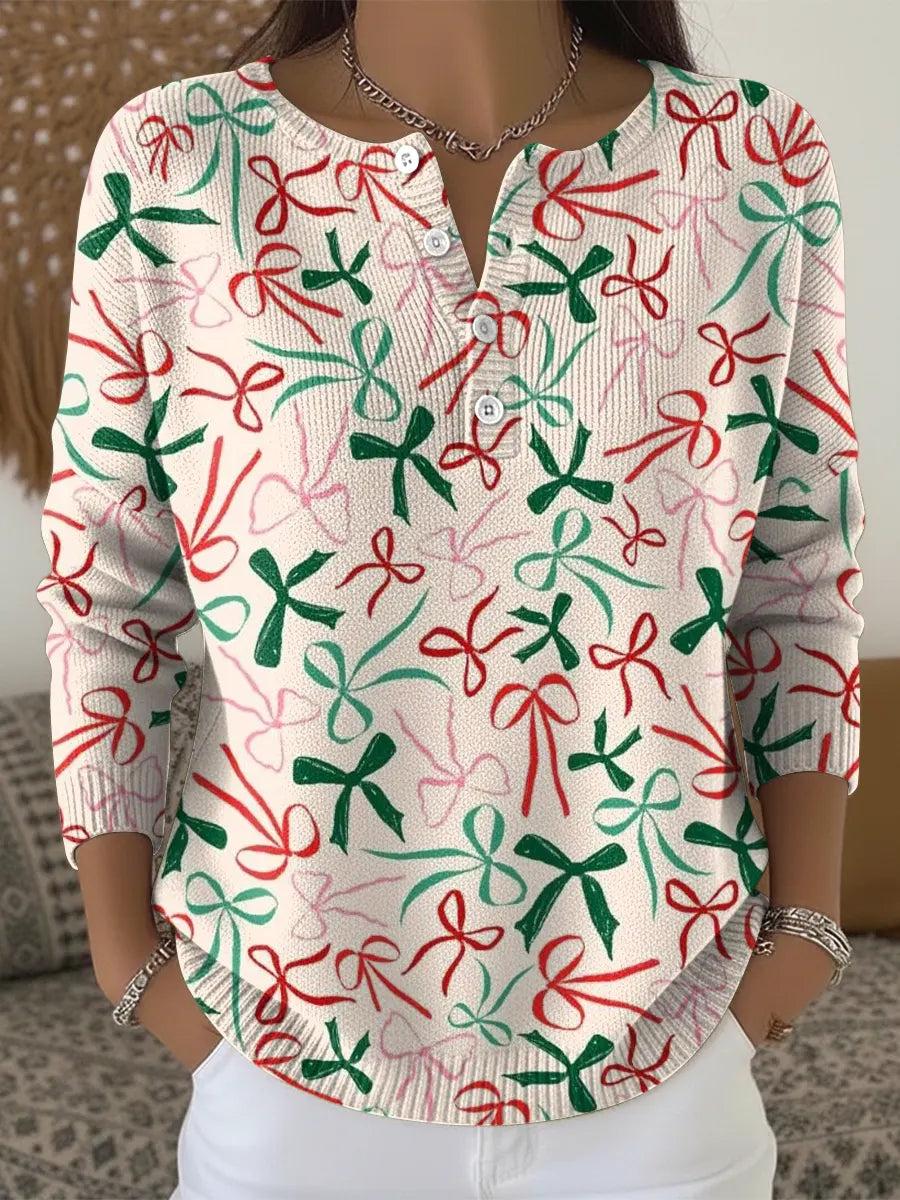 Christmas Bow Print Buttoned Cardigan Sweater