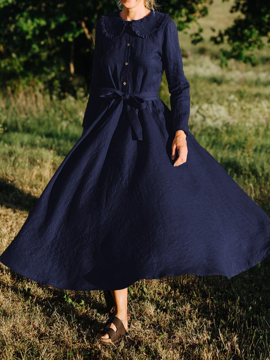 Women's Solid Color Lapel Long Sleeve Casual Loose Cotton and Linen Dress