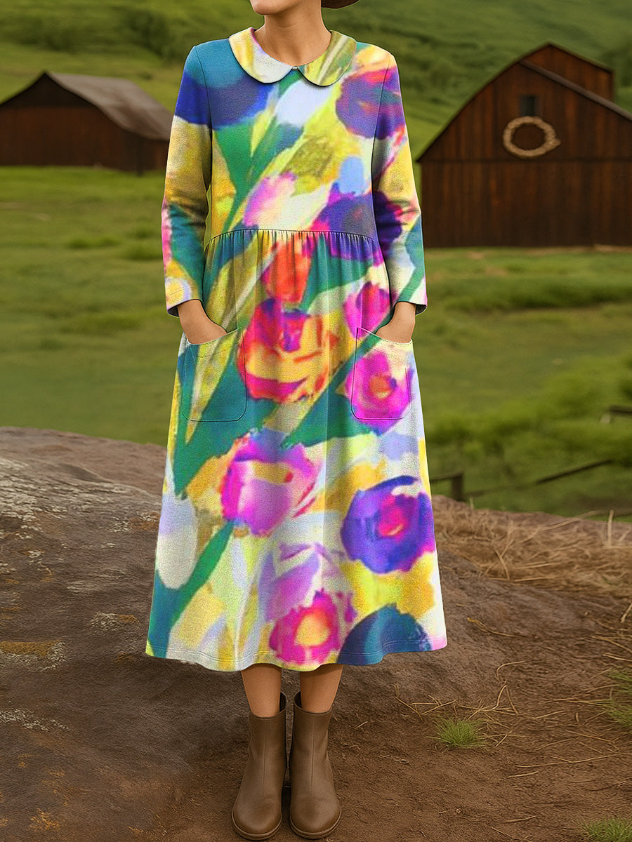 Women's Beautiful Colorful Floral Painting Art Print Cotton Lapel Shirt Dress