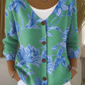 Green Blue Flowers Print Buttoned V-neck Cardigan Sweater