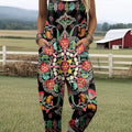 Damen-Jumpsuit mit Vintage-Blumenmuster, lässig, aus 100 % Baumwolle, weites Bein 
