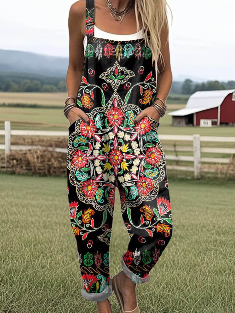 Women's Vintage Floral Art Print Casual 100% Cotton Wide Leg Jumpsuit