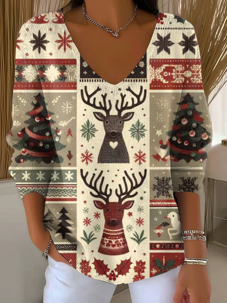 Women's Beautiful Christmas Tree Reindeer Painting Art Print Casual Pullover Sweater