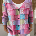 Art Pink Check Print Cotton Cardigan Sweater