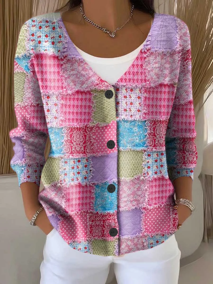 Art Pink Check Print Cotton Cardigan Sweater