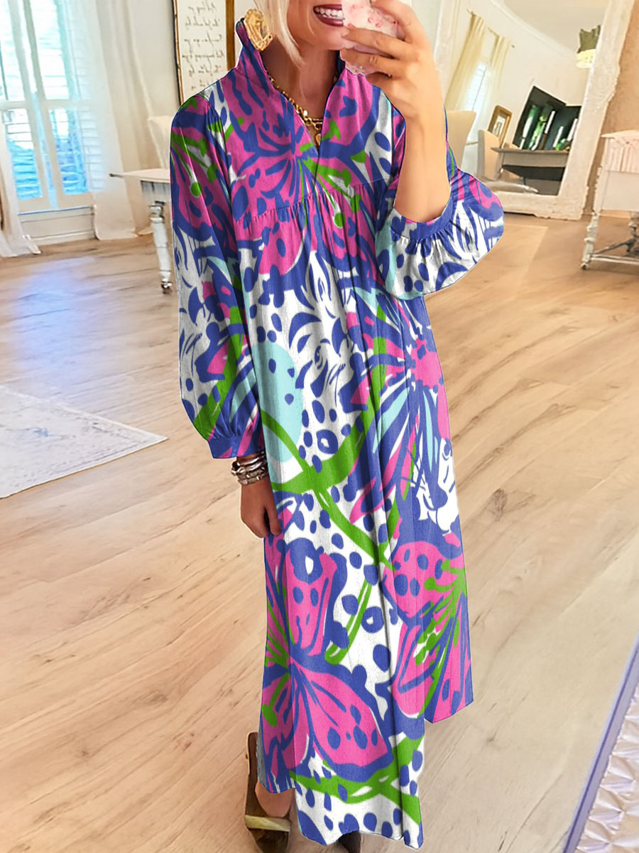 Women's Polka Dot Style Big Flowers Art Print Dress