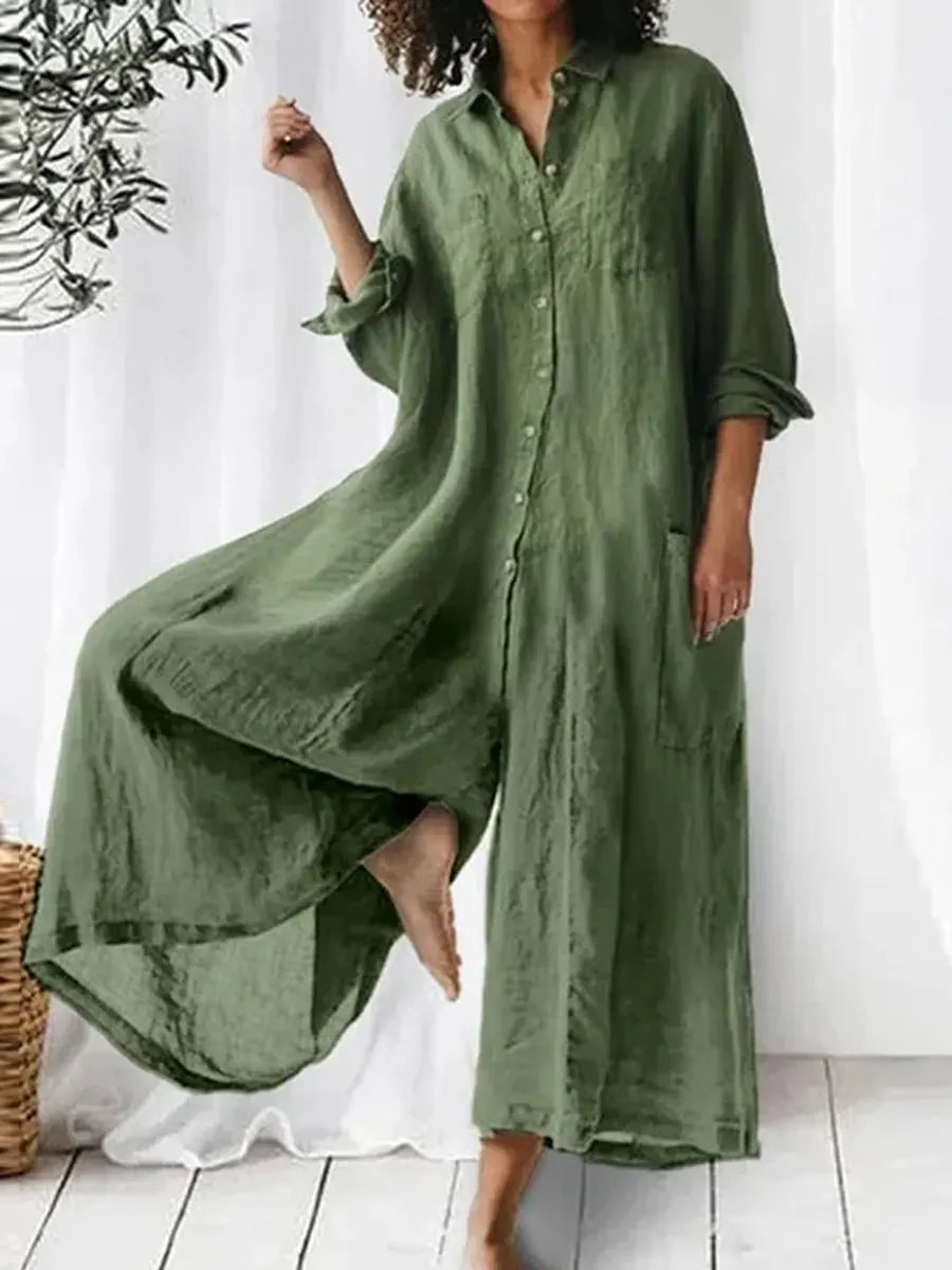 Women's Solid Color Art Casual Long Sleeve Cotton Linen Jumpsuit