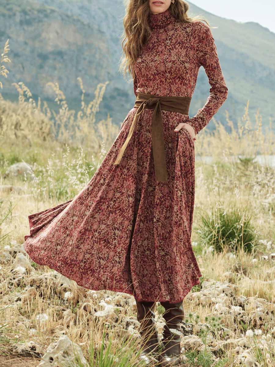 Women's Geometric Print Turtleneck Long Sleeve Casual Long A-Line Dress
