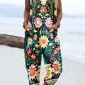 Women's Vintage Flower Art Print Casual 100% Cotton Wide Leg Jumpsuit
