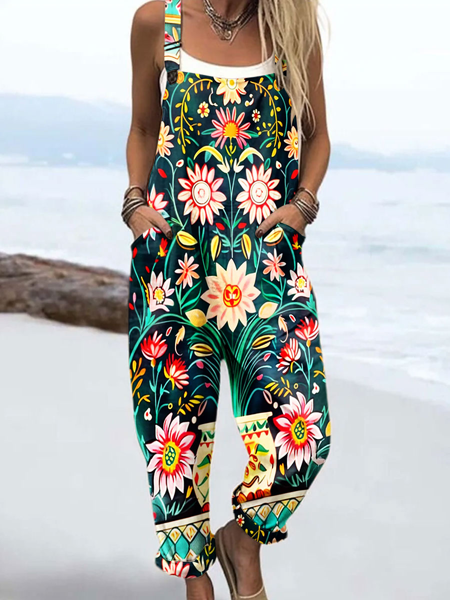 Women's Vintage Flower Art Print Casual 100% Cotton Wide Leg Jumpsuit