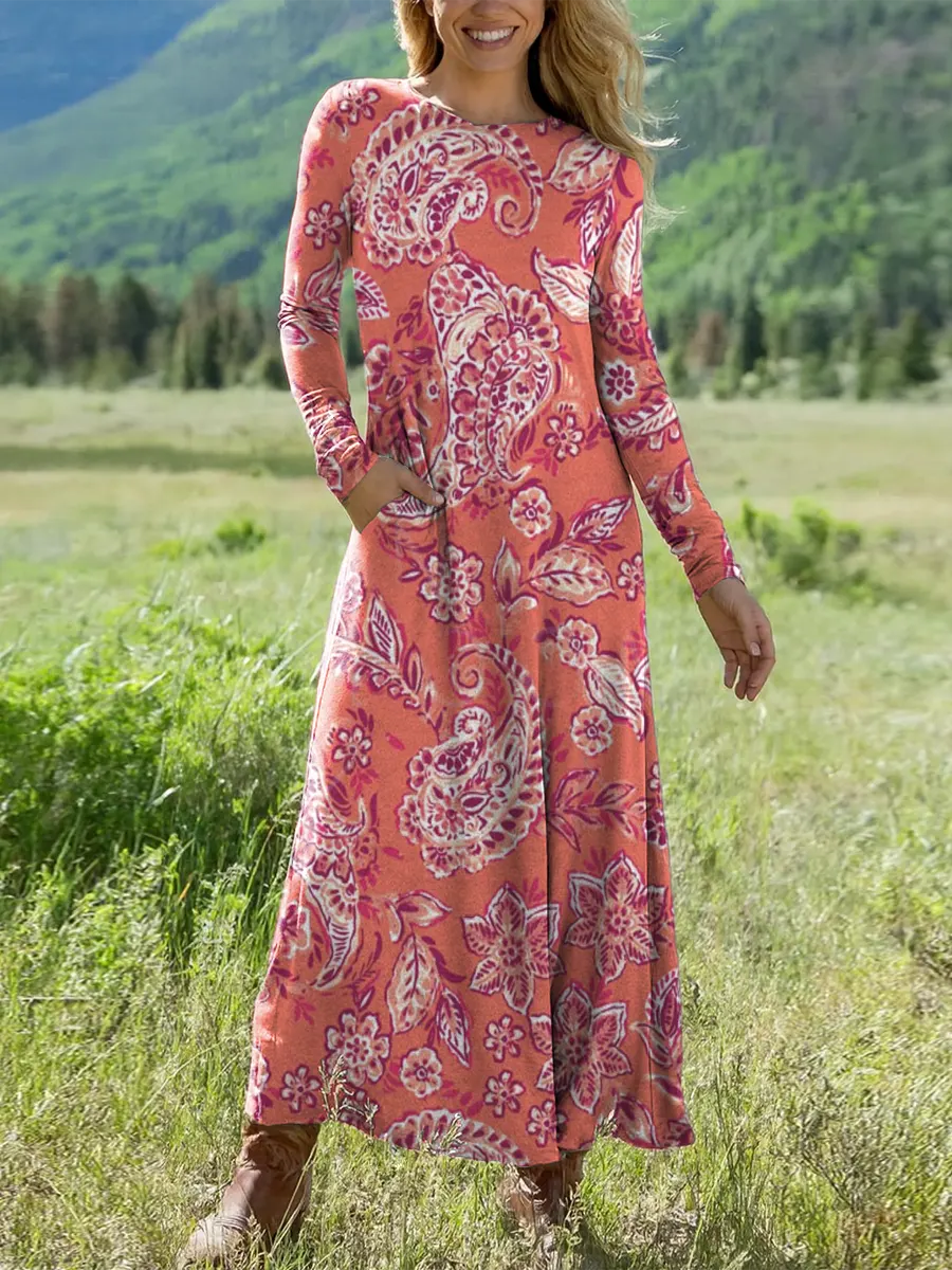 Women's Vintage Floral Art Print Casual Cotton Dress