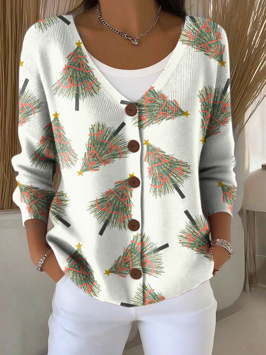 Christmas Christmas Tree Pattern Art Print Buttoned V-neck Cardigan Sweater