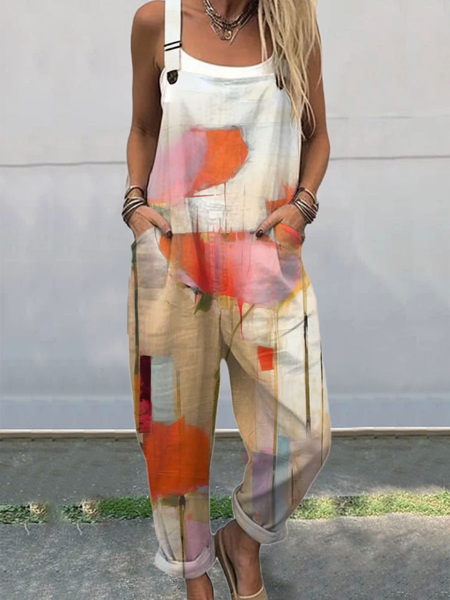 Women's  Vintage Abstract Geometric Art Print Casual 100% Cotton Wide Leg Jumpsuit