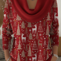 Christmas Elk and Pine Tree Print Cowl Neck Sweater Top