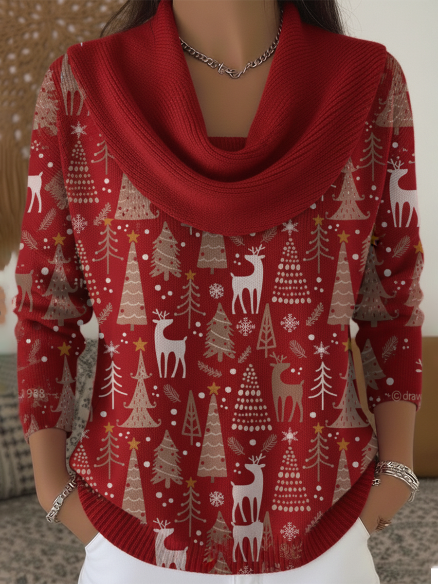 Christmas Elk and Pine Tree Print Cowl Neck Sweater Top