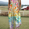 Women's Vintage Flowers Art Print Casual 100% Cotton Wide Leg Jumpsuit