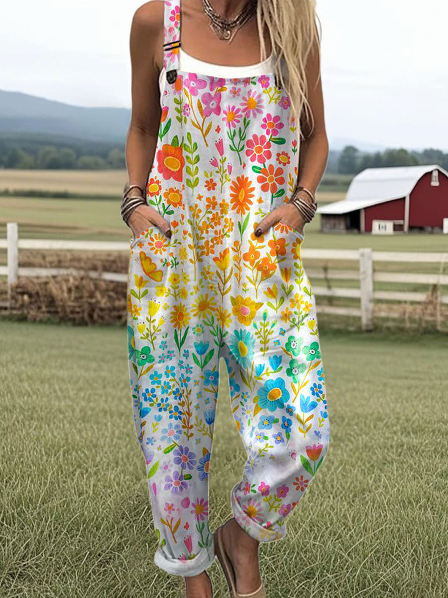 Women's Vintage Flowers Art Print Casual 100% Cotton Wide Leg Jumpsuit