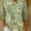 Women's Christmas Print Lapel Long Sleeve Casual Loose Pullover Sweater
